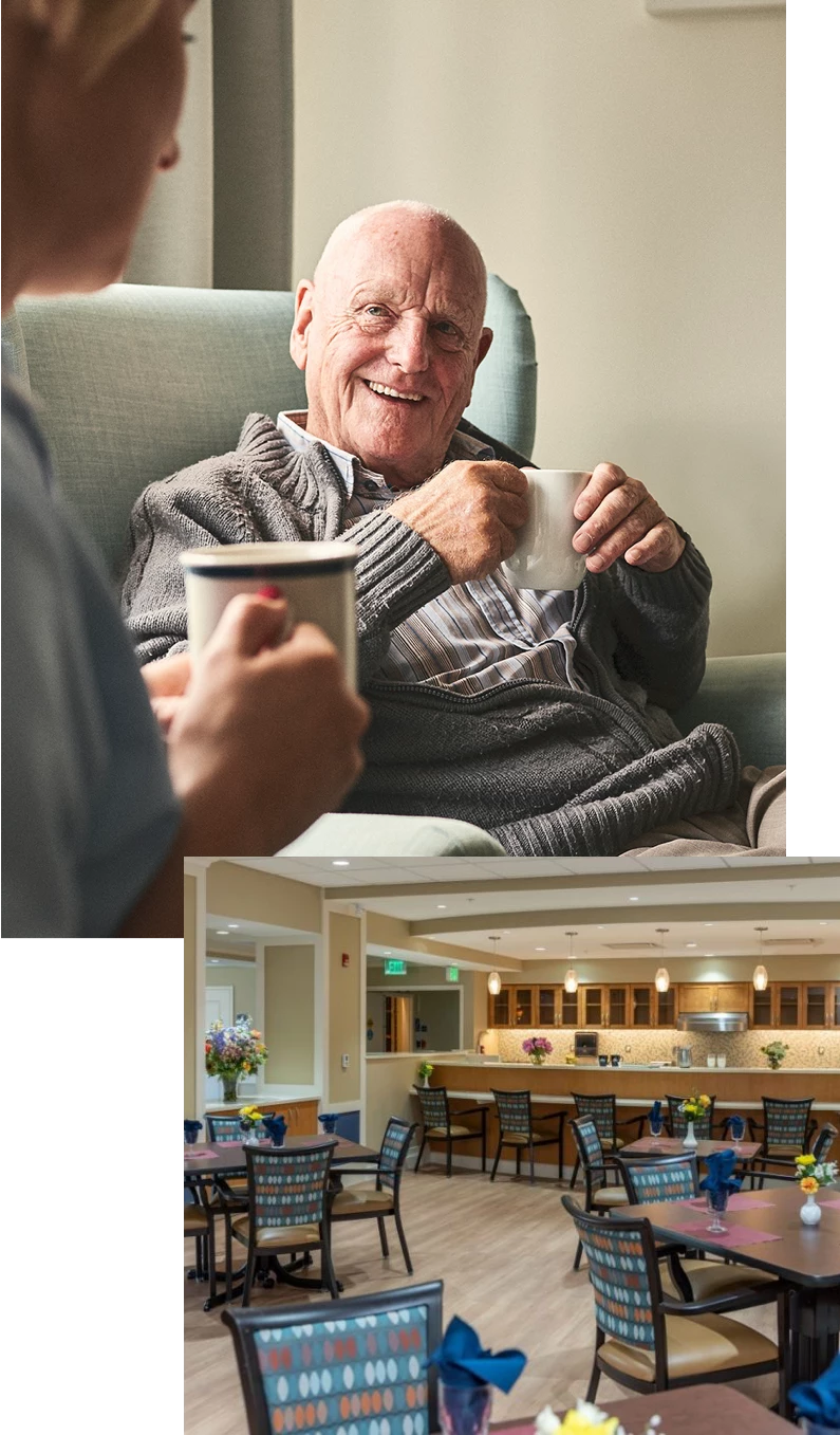 Collage: Senior man drinking coffee in armchair; Ginger Cove dining room