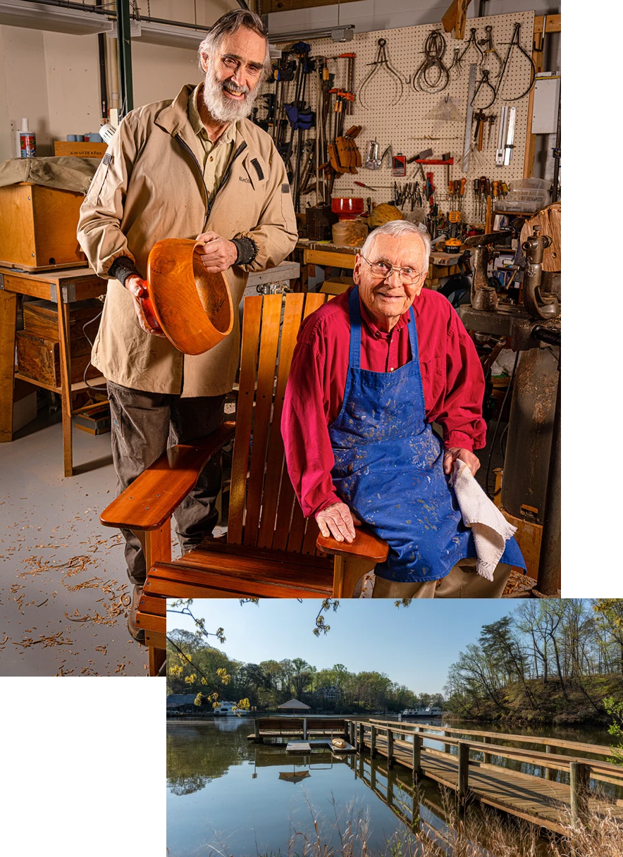 Collage: Ginger Cove woodworkers; Ginger Cove dock