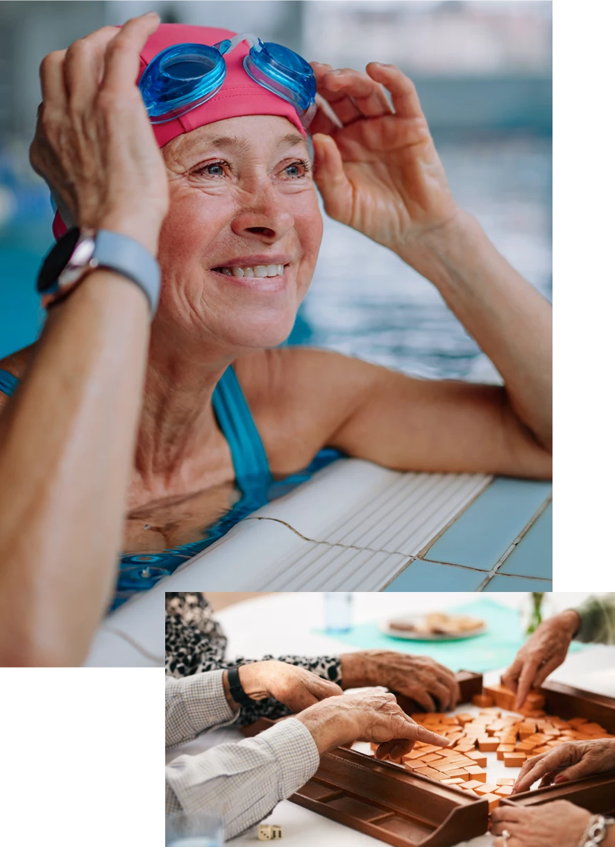 Collage: Senior woman swimming; group of seniors playing a game together