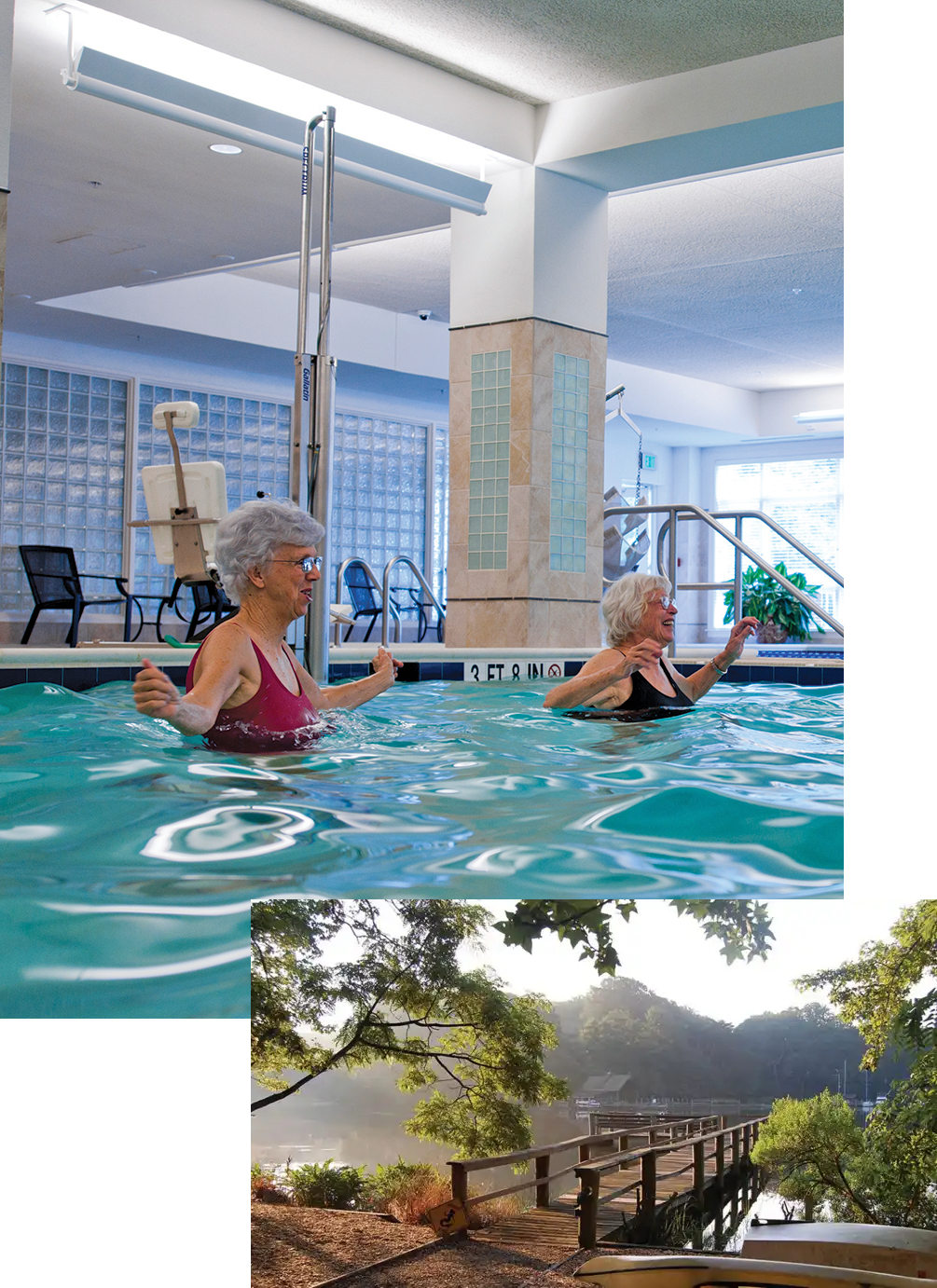 Collage: residents enjoy Ginger Cove's indoor pool. Scenic shot of bay.