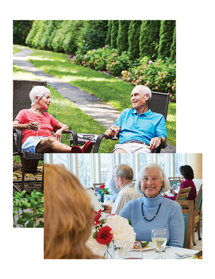 Collage: Residents lounging on outdoor patio during summer; woman enjoying dinner at Ginger Cove.