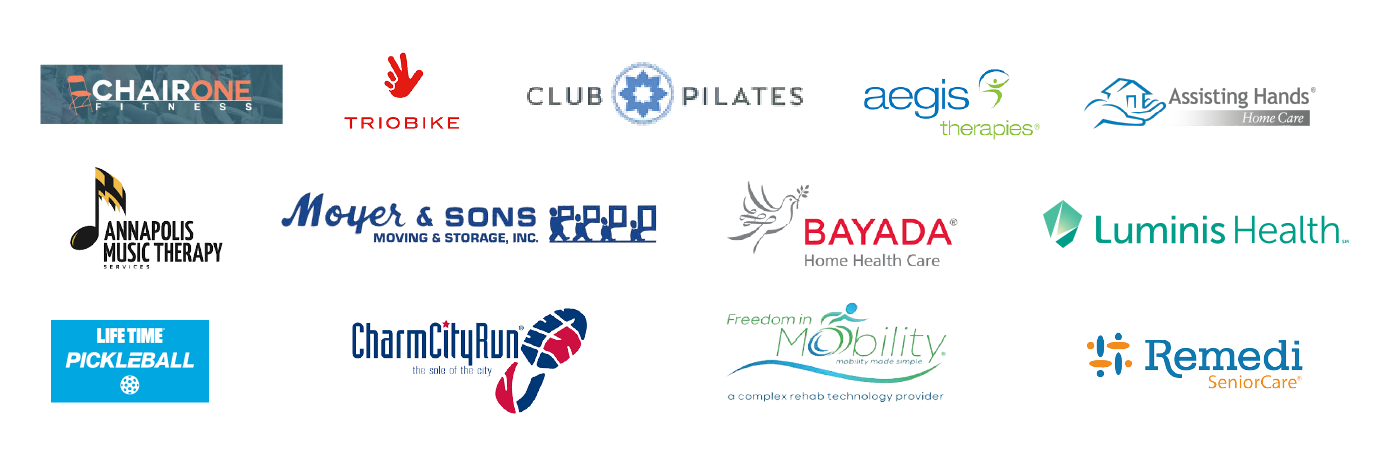 Sponsoring companies, featuring Chair One Fitness, Triobike, Club Pilates, Aegis Therapies, Annapolis Music Therapy, Moyer & Sons Moving, Bayada Home Health Care, Lifetime Pickleball, CharmCityRun, Freedom in Mobility, Remedi Senior Care, Luminis and Assisting Hands Home Care